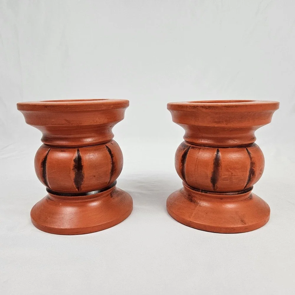 Vintage Boho Pillar Candle Holders Retro Orange Pottery 1960's Japan MCM